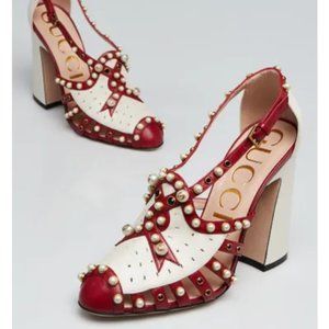 Gucci Red/White Leather Faux Pearl Studded Tracy Pump Size 40- Orig. $2390